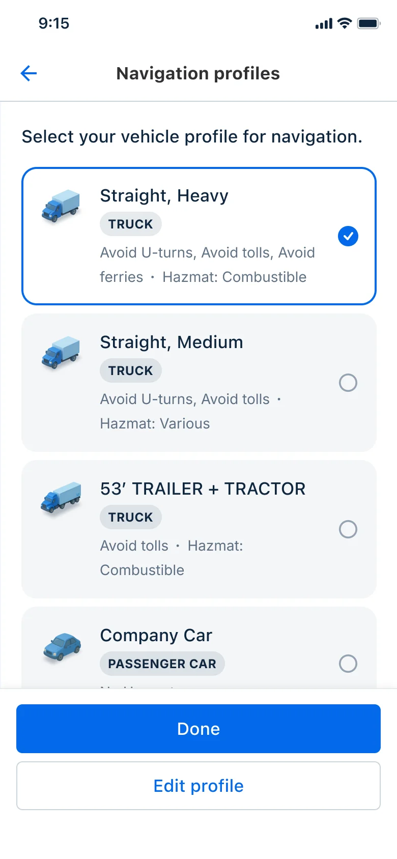 Navigation Vehicle Profile Settings