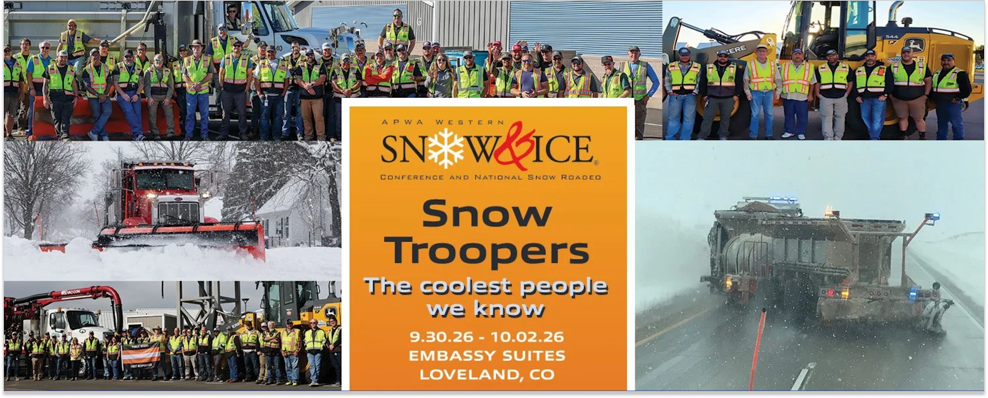 APWA Western Snow & Ice Conference collage featuring snow removal crews, plows, and equipment