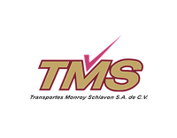 Logo de TMS (Transportes Monroy Schiavon S.A. de C.V.) en colores dorado y vino con un símbolo de marca de verificación rosa.
