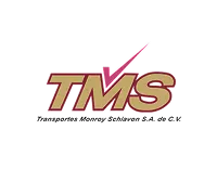 Logo de TMS (Transportes Monroy Schiavon S.A. de C.V.) en colores dorado y vino con un símbolo de marca de verificación rosa.