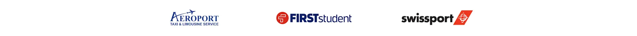 Logos de trois entreprises: Aéroport Taxi & Limousine Service, FIRSTstudent et Swissport sur fond blanc.