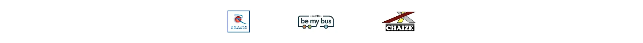 Trois logos d'entreprises de transport alignés horizontalement : Senico, Be My Bus et Chaize, sur fond blanc.