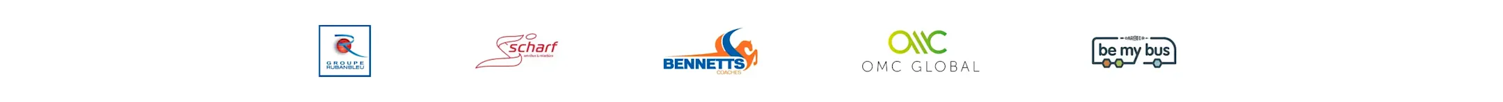 Row of five company logos including Grunce, Scharf, Bennetts, OMC Global, and Be My Bus transportation services.