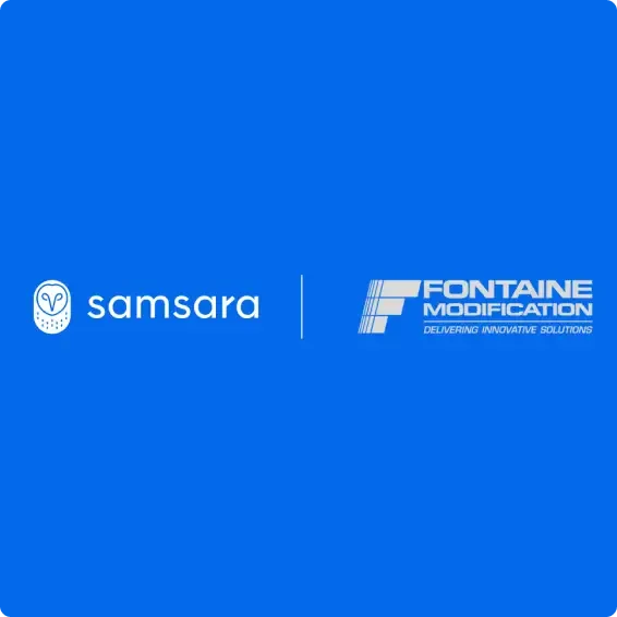 Samsara and Fontaine Modification logos displayed side by side on a bright blue background.