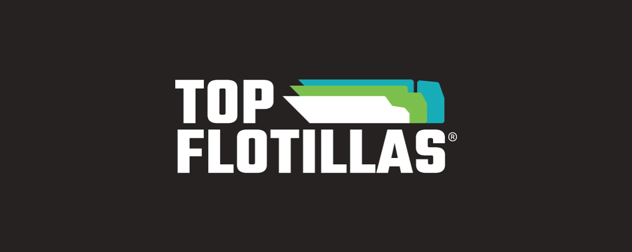 Logo de TOP FLOTILLAS con letras blancas y elementos gráficos en verde y azul sobre fondo negro.