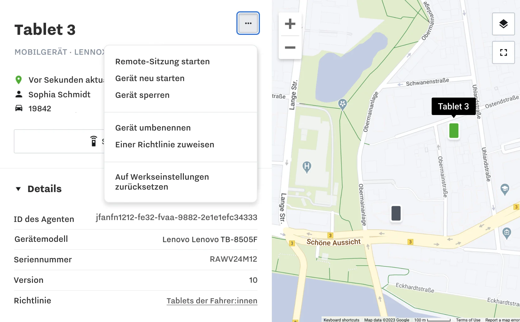 Produktbild aus dem Samsara-Dashboard mit Informationen zum Mobilgerät und einer Karte mit den Standorten der Mobilgeräte