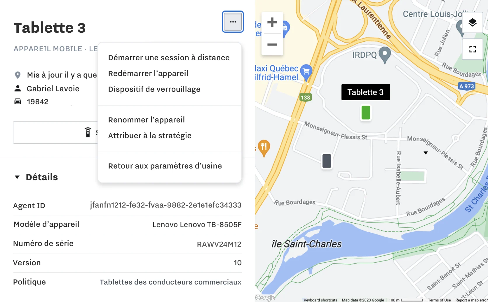 Tableau de bord Samsara avec des informations sur l'appareil mobile et une carte avec les emplacements des appareils mobiles