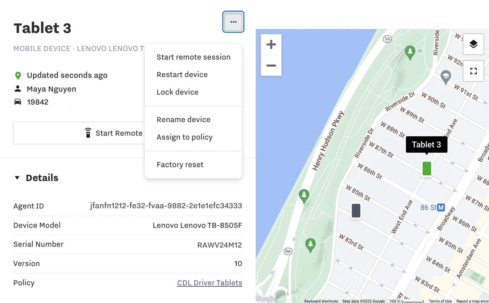 Product image from the Samsara dashboard including mobile device information and a map with mobile device locations
