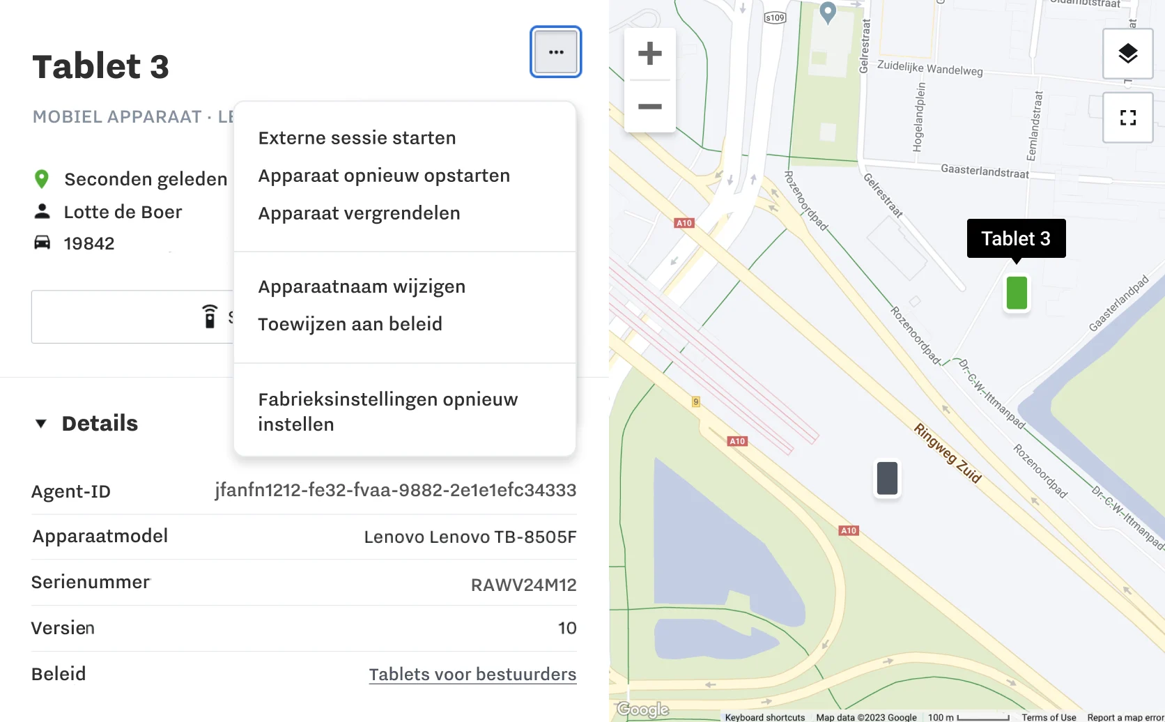 Productafbeelding Samsara-dashboard met informatie over mobiele apparaten en een kaart met locaties van mobiele apparaten