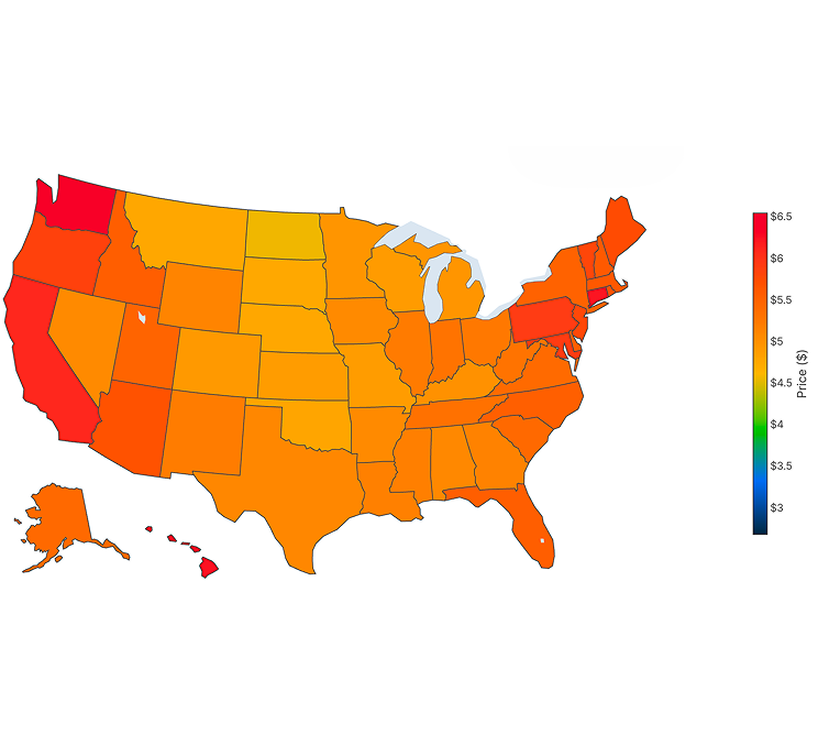 US map showing gas price variations by state, with highest prices in red (Washington, California) and lower prices in yellow
