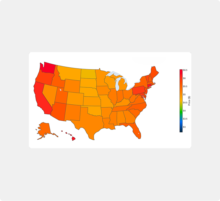 US map showing gas price variations by state, with highest prices in red (Washington, California) and lower prices in yellow