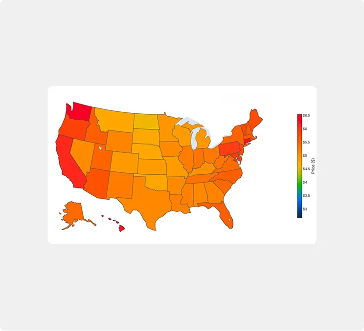 US map showing gas price variations by state, with highest prices in red (Washington, California) and lower prices in yellow