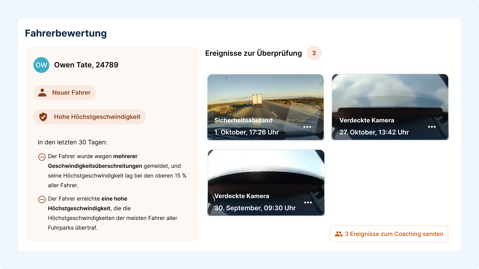 Das Dashboard zeigt Sicherheits- und Effizienz-Punktzahlen von 60 und 70 sowie Listen zur Fahrerüberprüfung und Anerkennung
