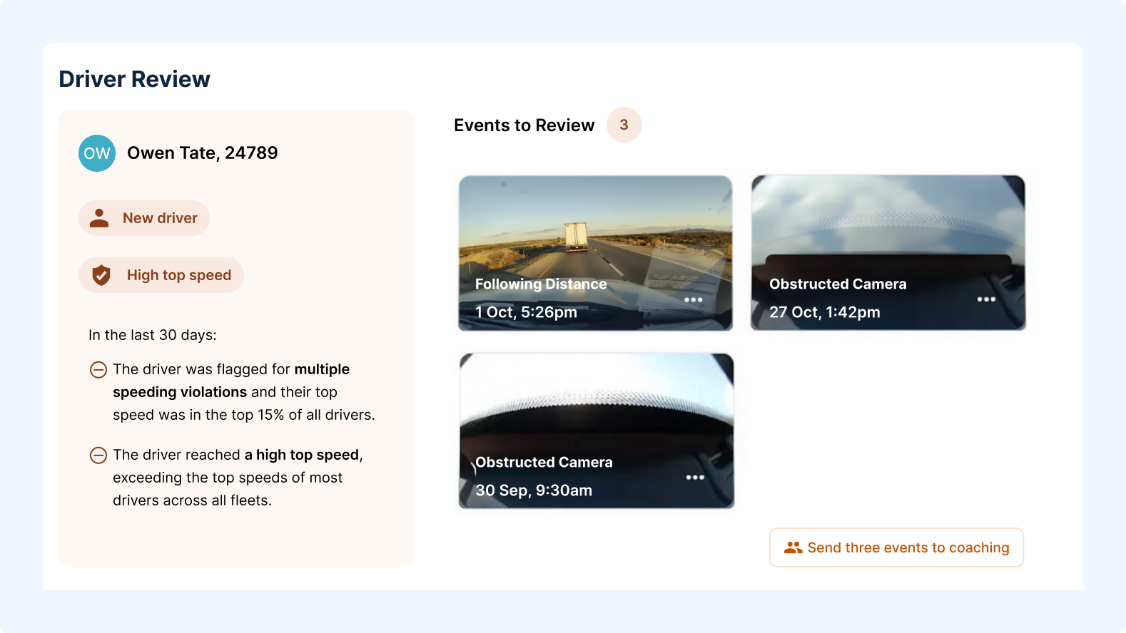 Driver performance dashboard showing safety score of 60 and efficiency score of 70, with lists of drivers to review recognise