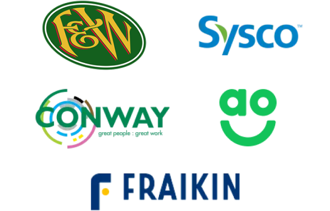 Company logos including F&W (green oval), Sysco (blue), Conway, AO (green smiley), and Fraikin (blue).
