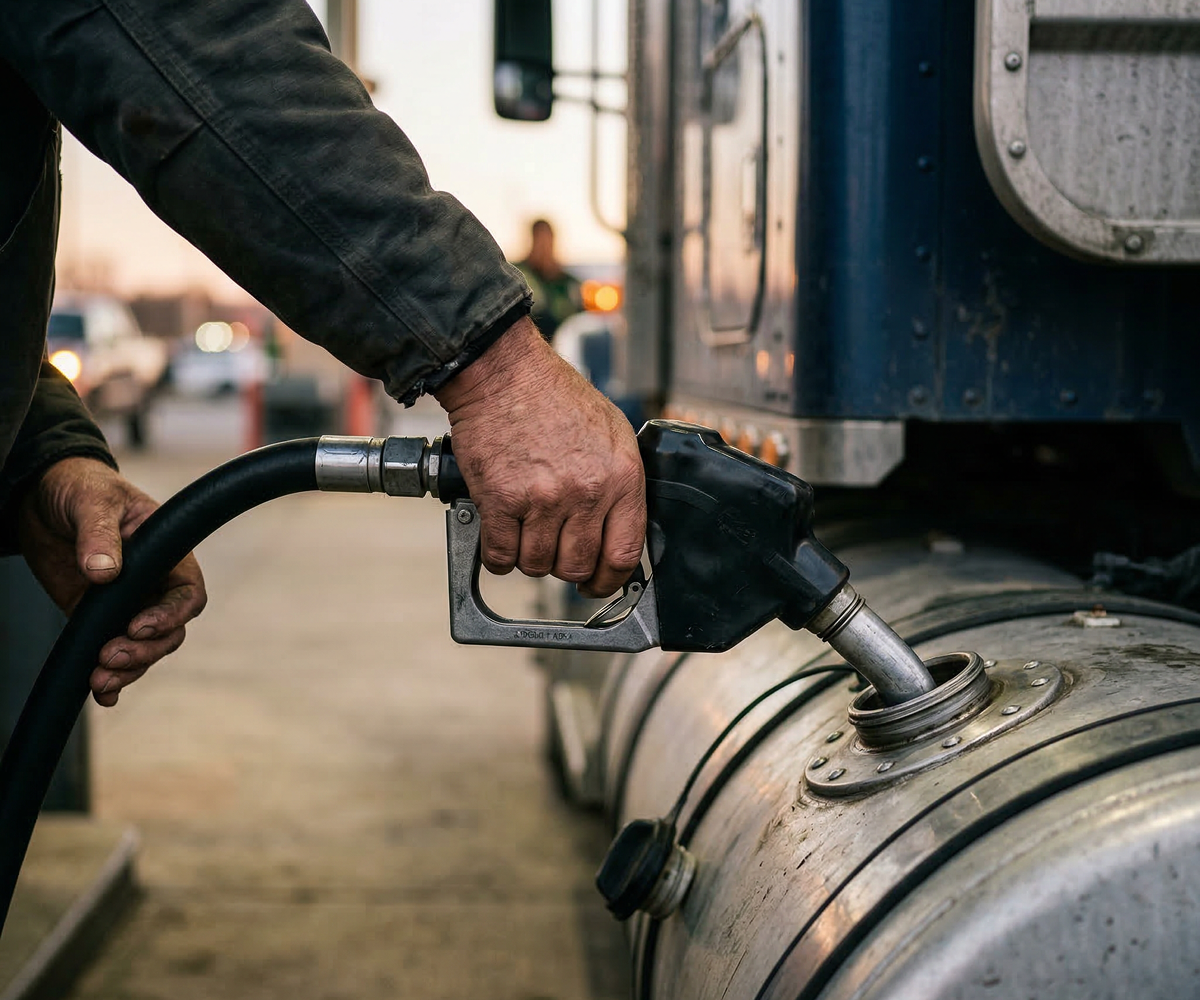 A person in a dark jacket fuelling a large lorry, holding a black diesel nozzle inserted into a silver fuel tank.