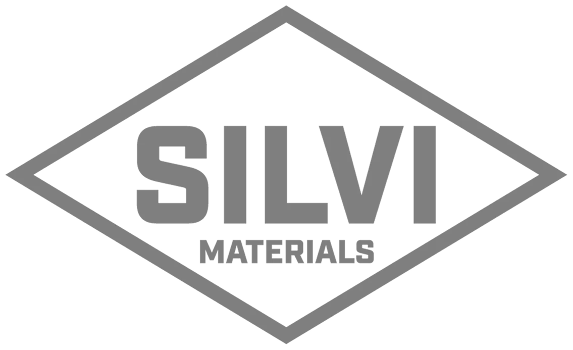 Silvi Materials logo featuring bold gray text inside a gray diamond shape on a white background.