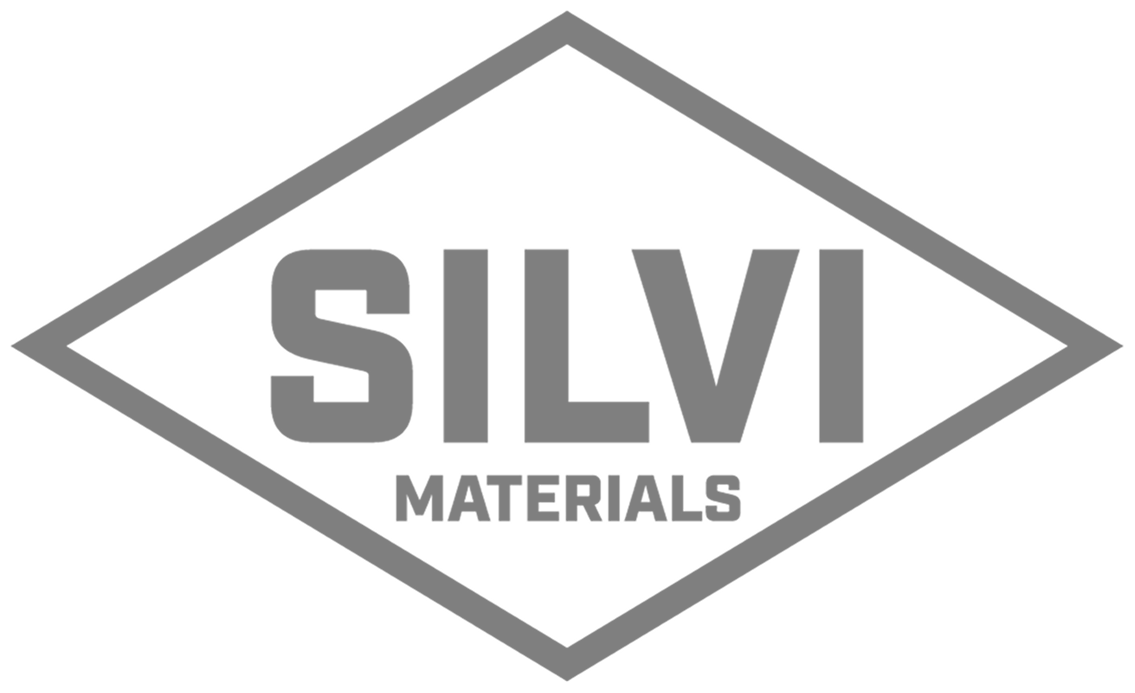 Silvi Materials logo featuring bold gray text inside a gray diamond shape on a white background.