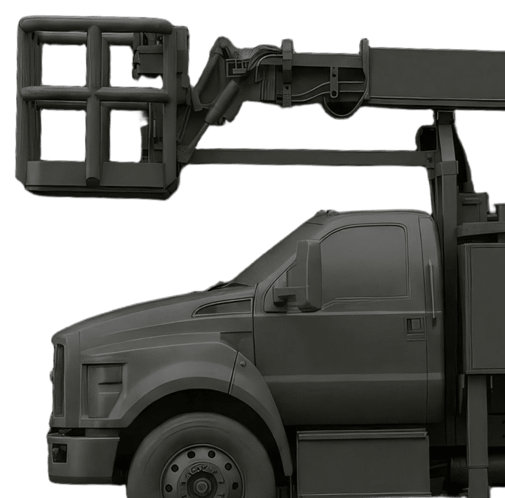 Dark gray 3D render of a utility truck with an extended boom arm and aerial work platform basket.