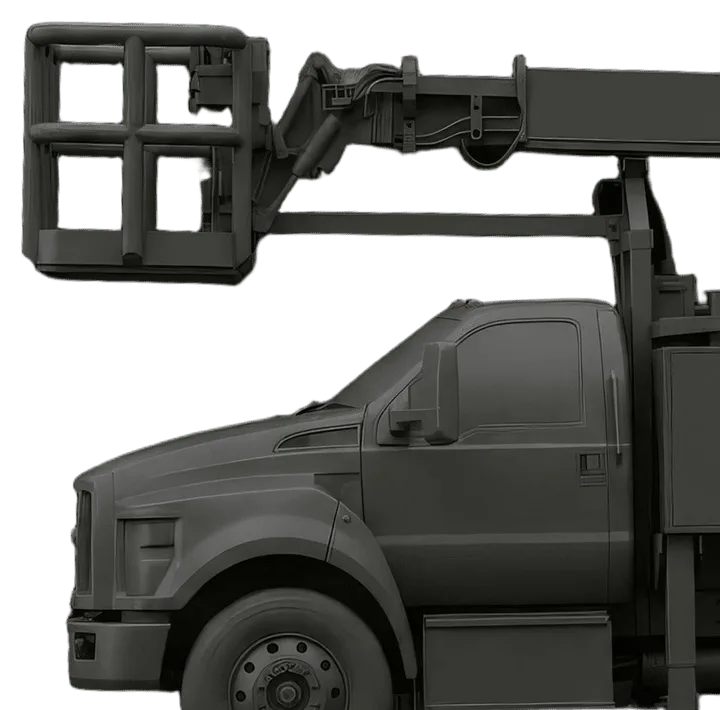 Dark gray 3D render of a utility truck with an extended boom arm and aerial work platform basket.