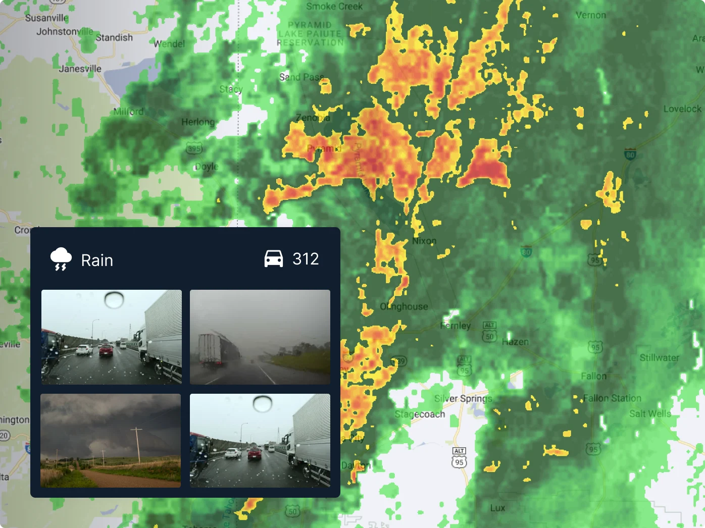Weather radar map showing severe flood watch alert with orange, red precipitation areas, affecting 6 drivers 9 assets at risk
