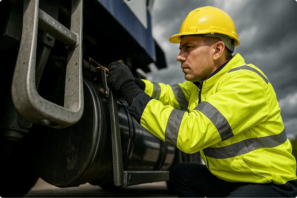 Worker connecting a camera onto the side of their truck
