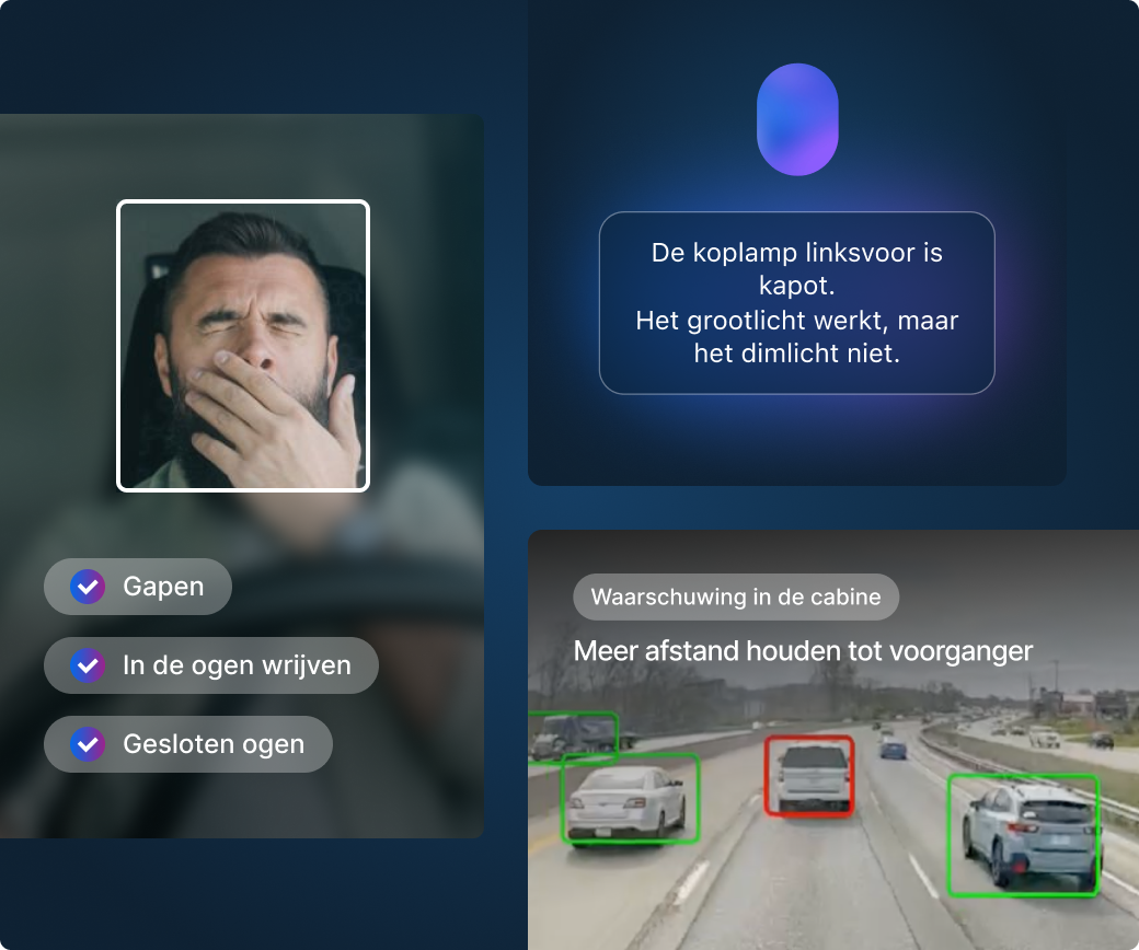 Interface vermoeidheidsdetectie chauffeurs toont geeuwwaarschuwing en snelwegveiligheidsbewaking met vergrote volgafstand.