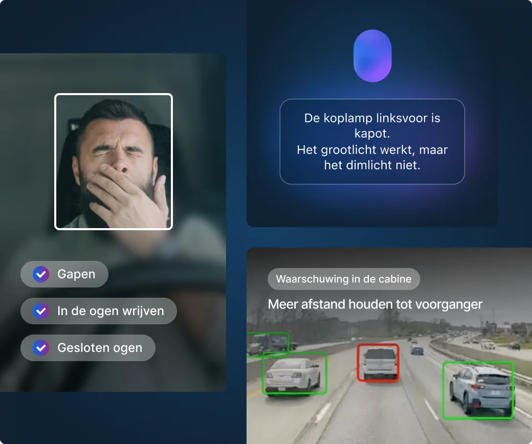 Interface vermoeidheidsdetectie chauffeurs toont geeuwwaarschuwing en snelwegveiligheidsbewaking met vergrote volgafstand.