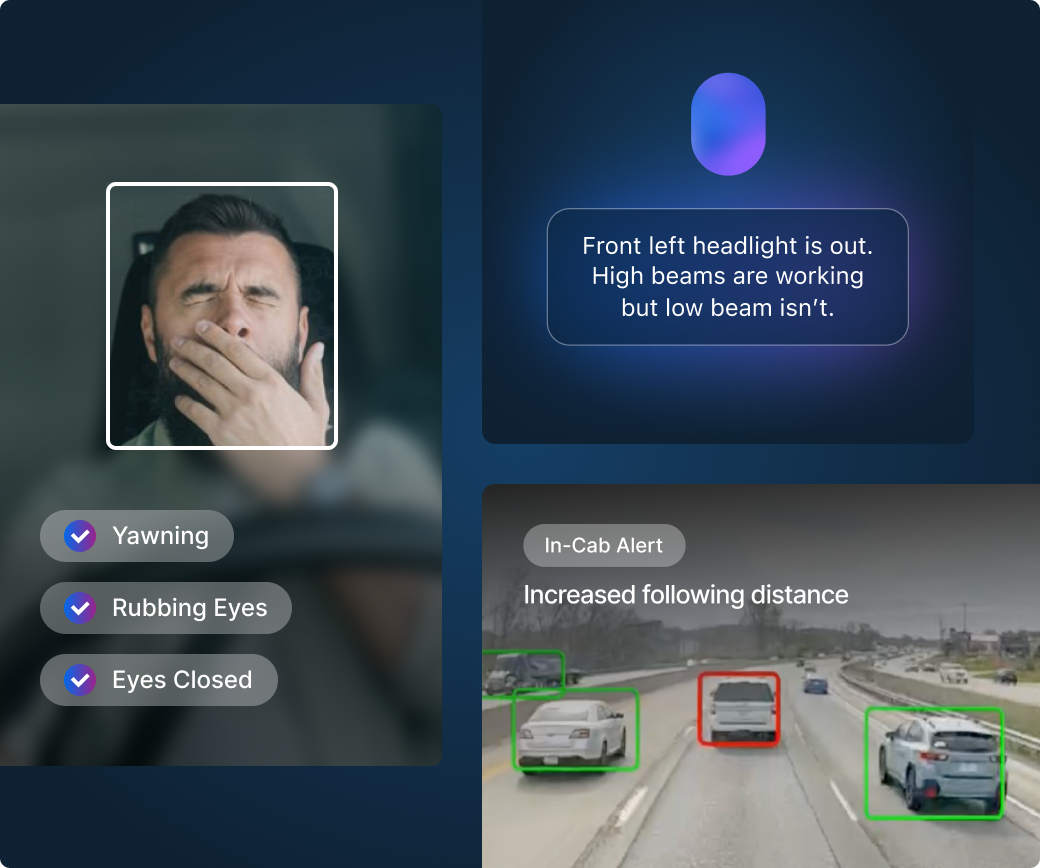 Driver fatigue detection interface showing yawning alert and highway safety monitoring with increased following distance.