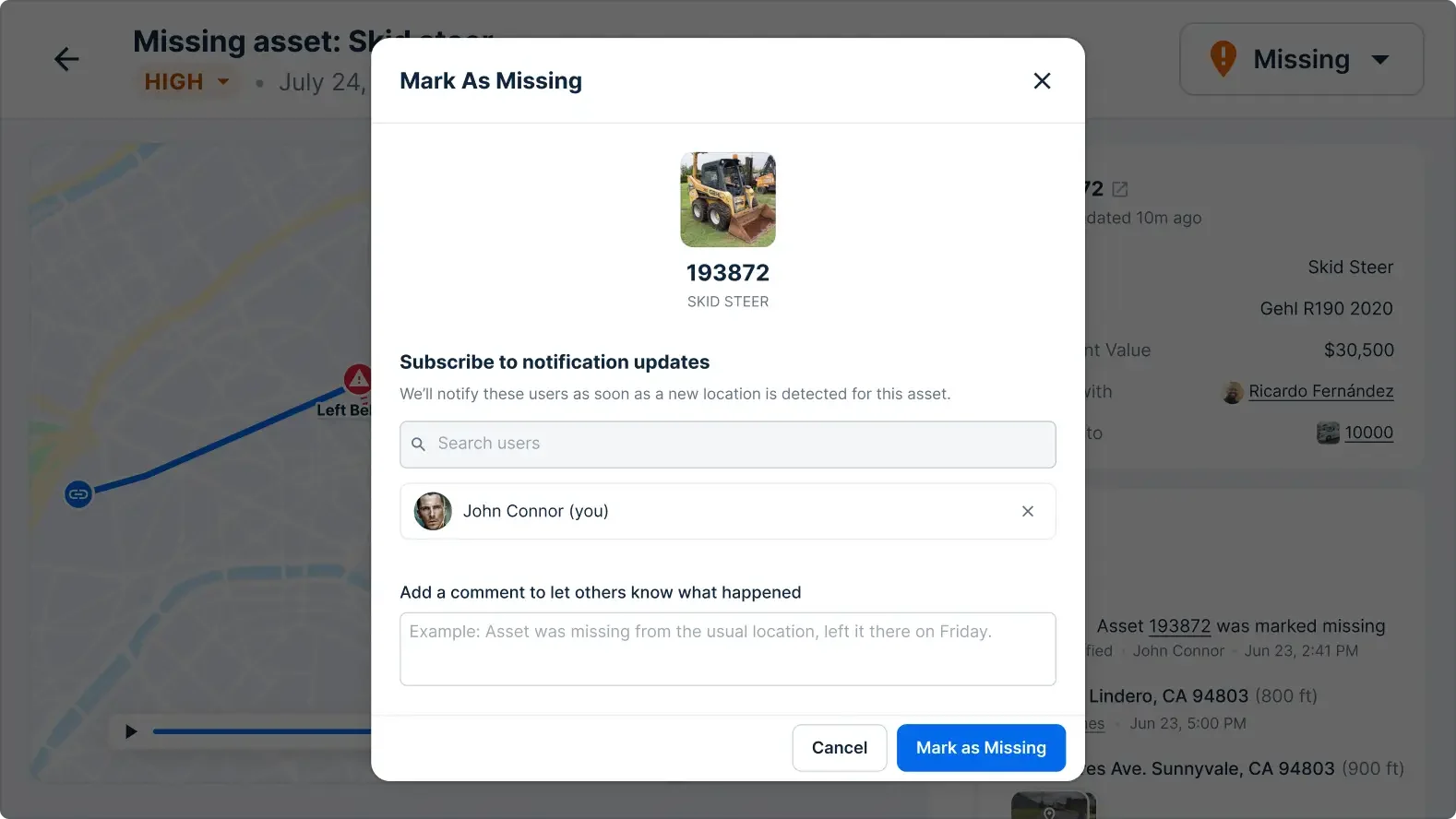 Asset tracking interface showing "Mark As Missing" dialog for a Gehl R190 skid steer valued at $30,500.