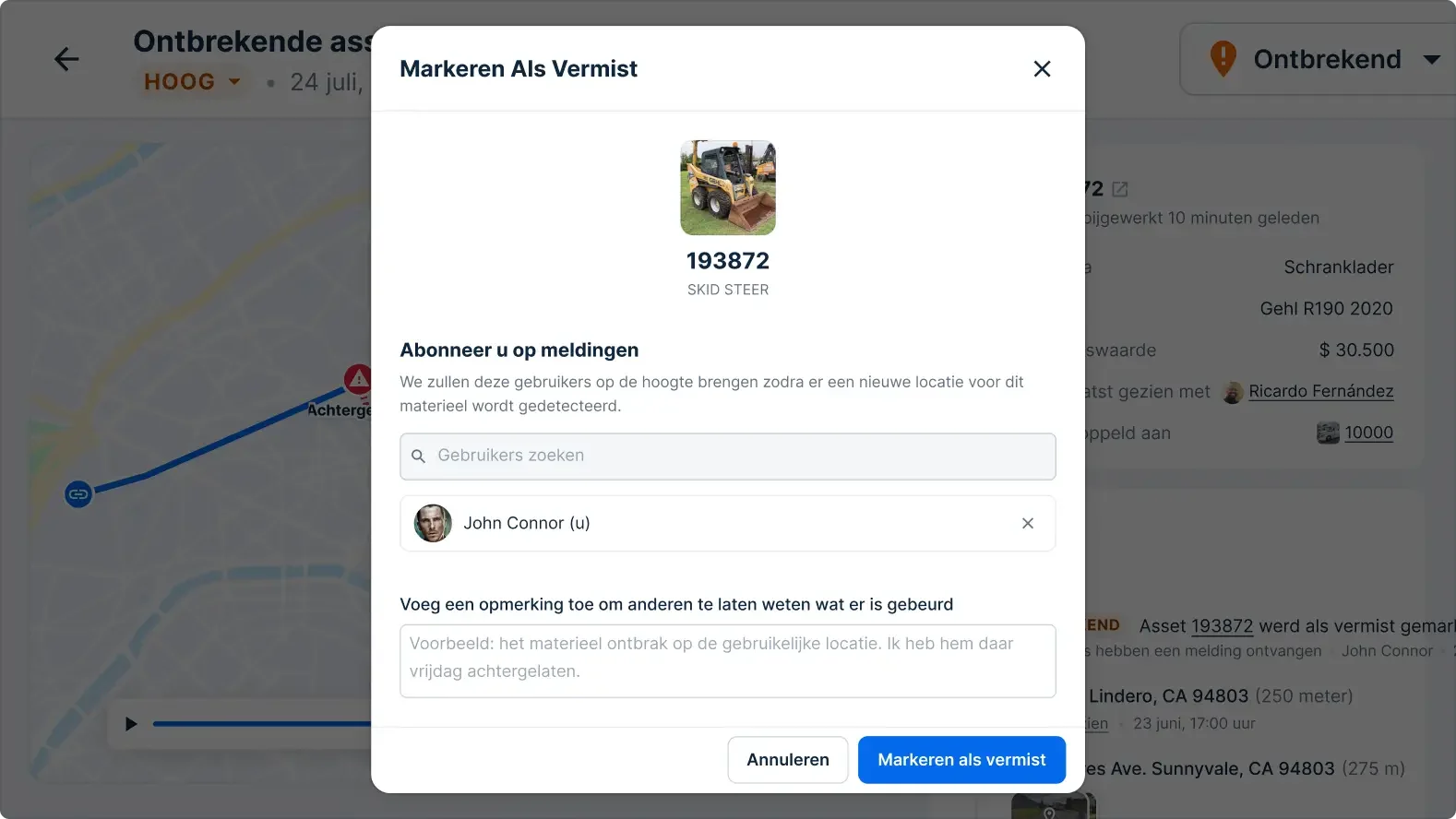Tracking-interface met de knop 'Als vermist markeren' voor een Gehl R190-schranklader ter waarde van $ 30.500