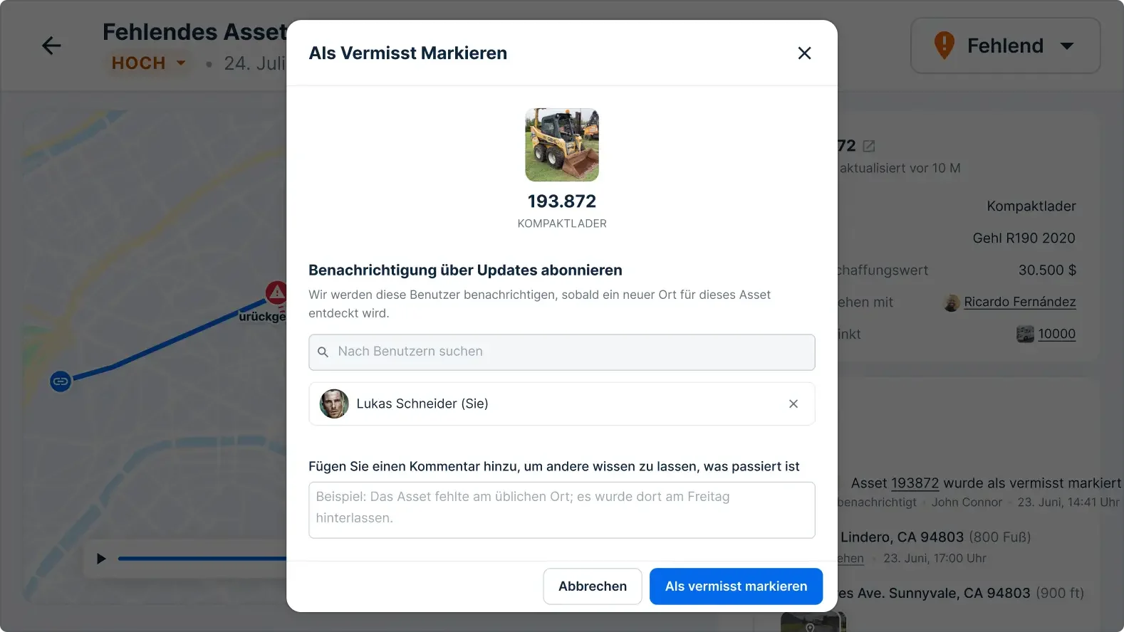 Asset-Ortung zeigt „Als vermisst markieren“ für einen Gehl R190 Kompaktlader im Wert von 30.500 $.