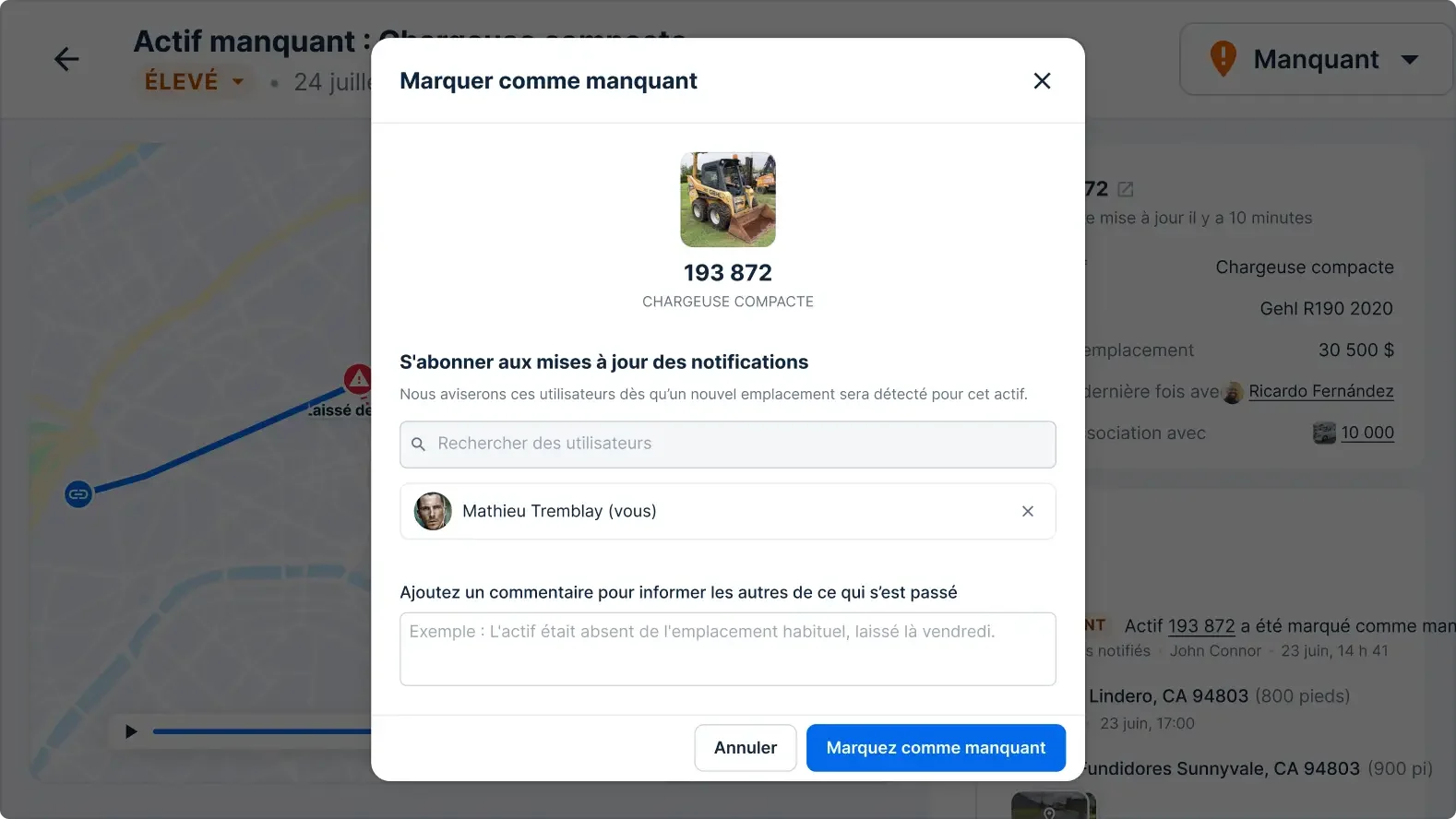 Interface de suivi des actifs montrant « Marquer comme manquant » pour une chargeuse compacte Gehl R190 évaluée à 30 500 $.