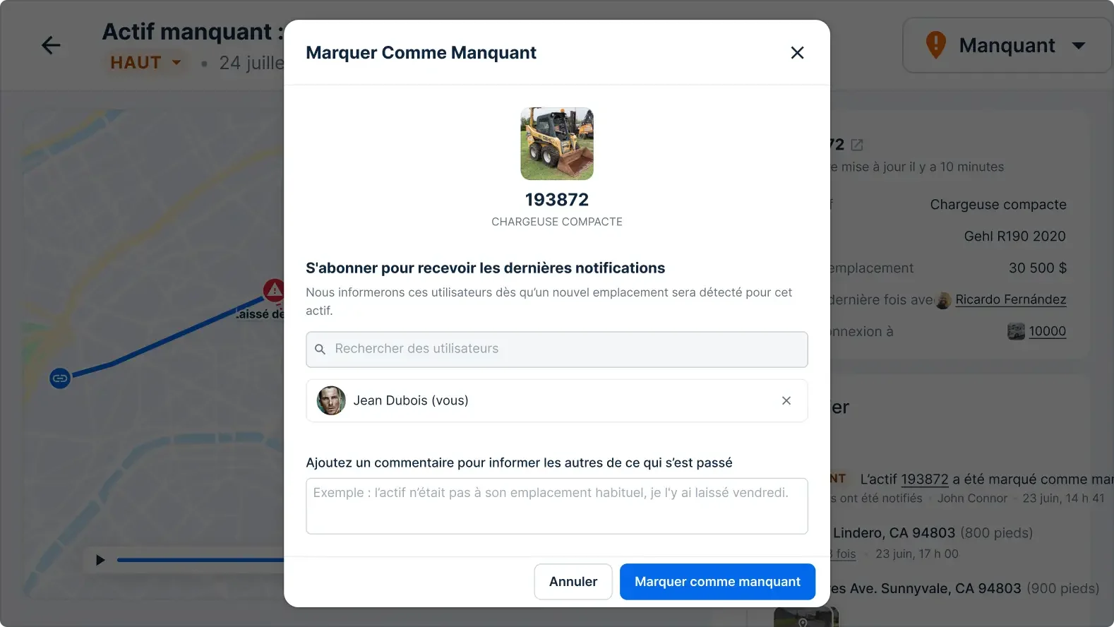 Interface de suivi des actifs avec boîte de dialogue « Marquer comme manquant » pour une Gehl R190, d'une valeur de 30,5k $.