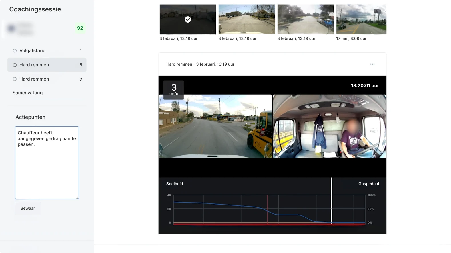 Driver coaching interface showing road view, cabin camera, and performance graphs tracking harsh braking incident at 1mph.
