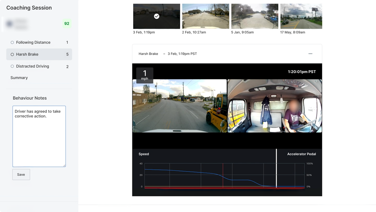 Driver coaching interface showing road view, cabin camera, and performance graphs tracking harsh braking incident at 1mph.