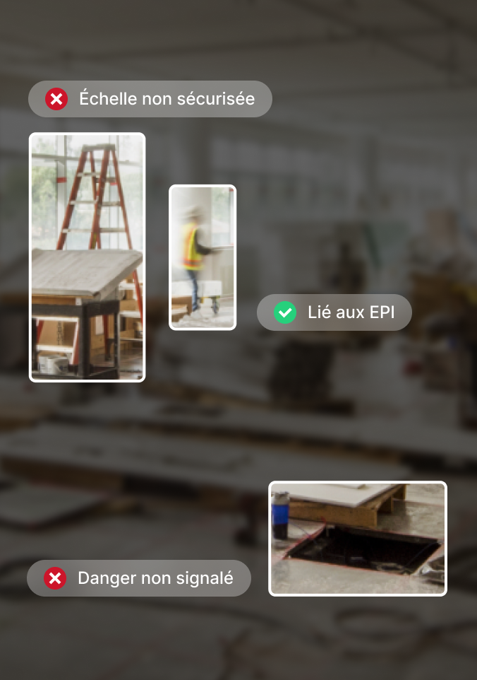 Interface de sécurité des sites de construction : échelle non sécurisée, danger non signalé et utilisation correcte des EPI.