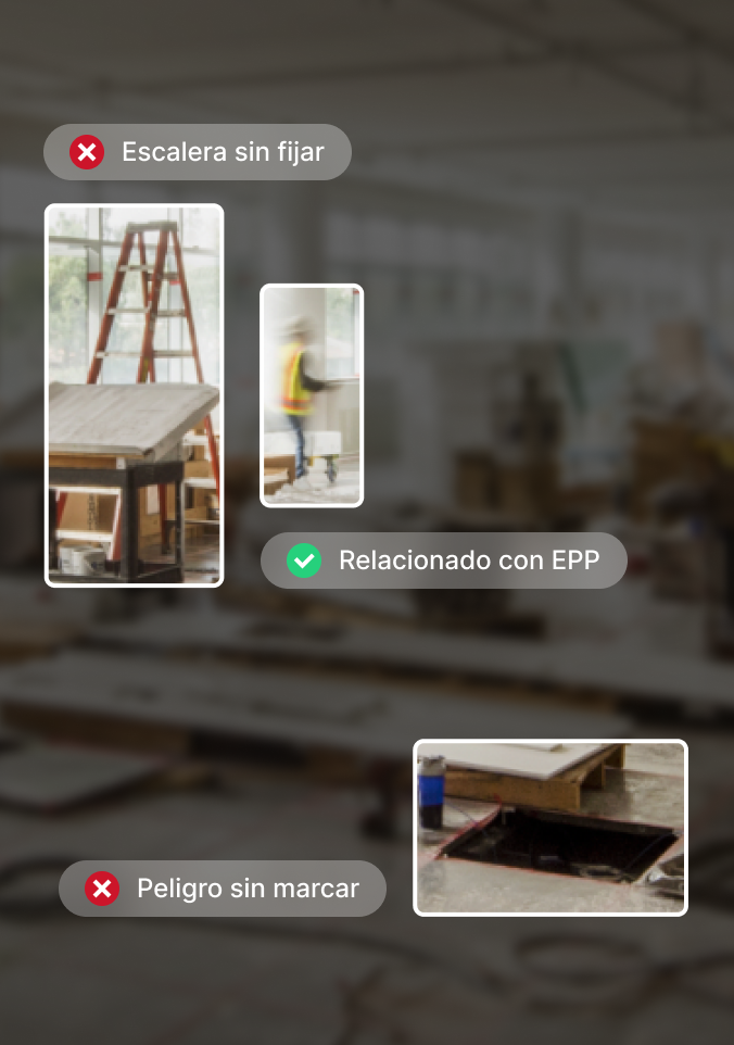 Interfaz de seguridad en construcción resalta peligros: escalera sin seguridad, peligro no señalado y uso adecuado de EPP.