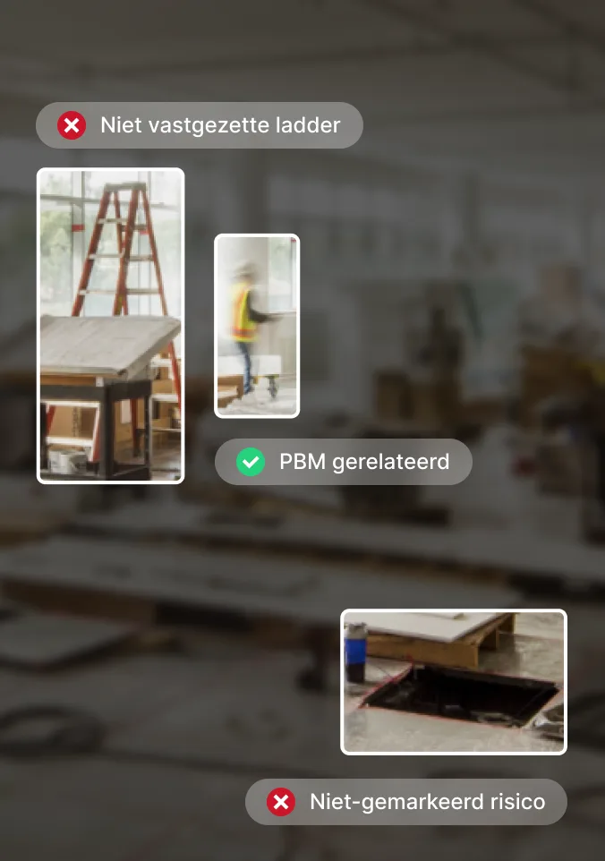 Veiligheidsinterface voor bouwlocaties: niet vastgezette ladder, niet-gemarkeerd gevaar en persoonlijke beschermingsmiddelen.