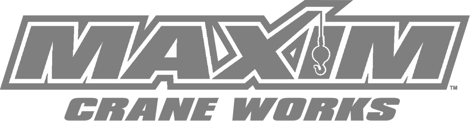 Maxim Crane Works logo in gray, featuring bold stylized text with a crane hook graphic integrated into the letter X.