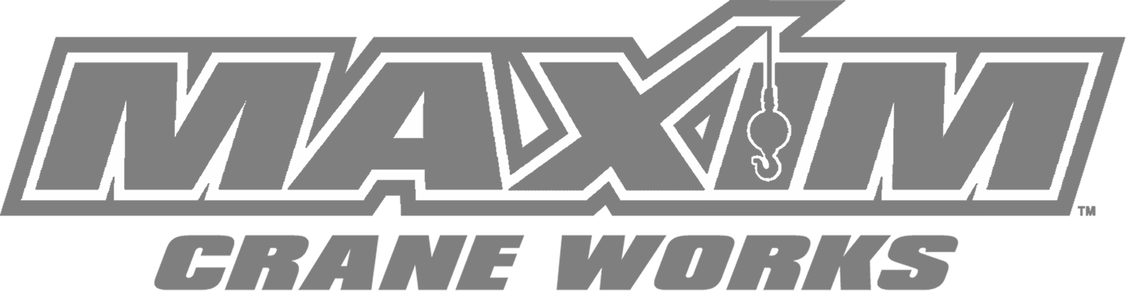 Maxim Crane Works logo in gray, featuring bold stylized text with a crane hook graphic integrated into the letter X.
