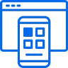 Icono azul de un teléfono móvil mostrando una aplicación con cuatro cuadros, frente a una pantalla de computadora.