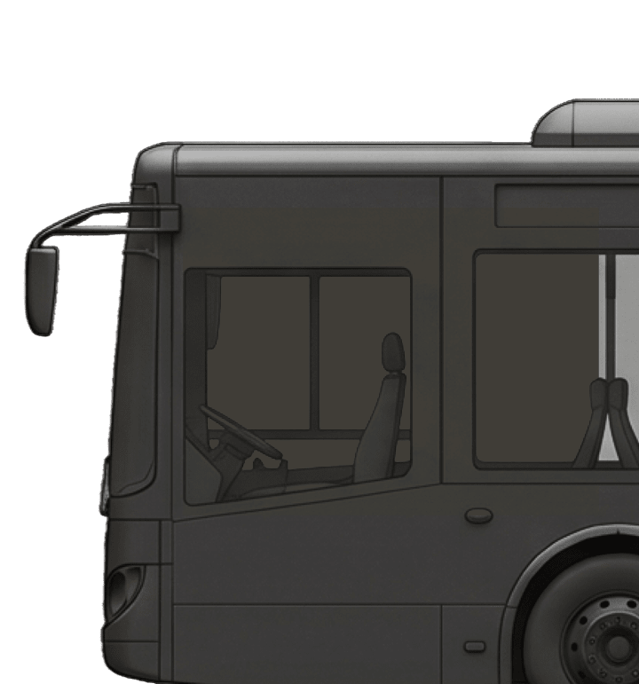 Dark gray 3D illustration of a bus front side view, showing driver's cab with steering wheel.