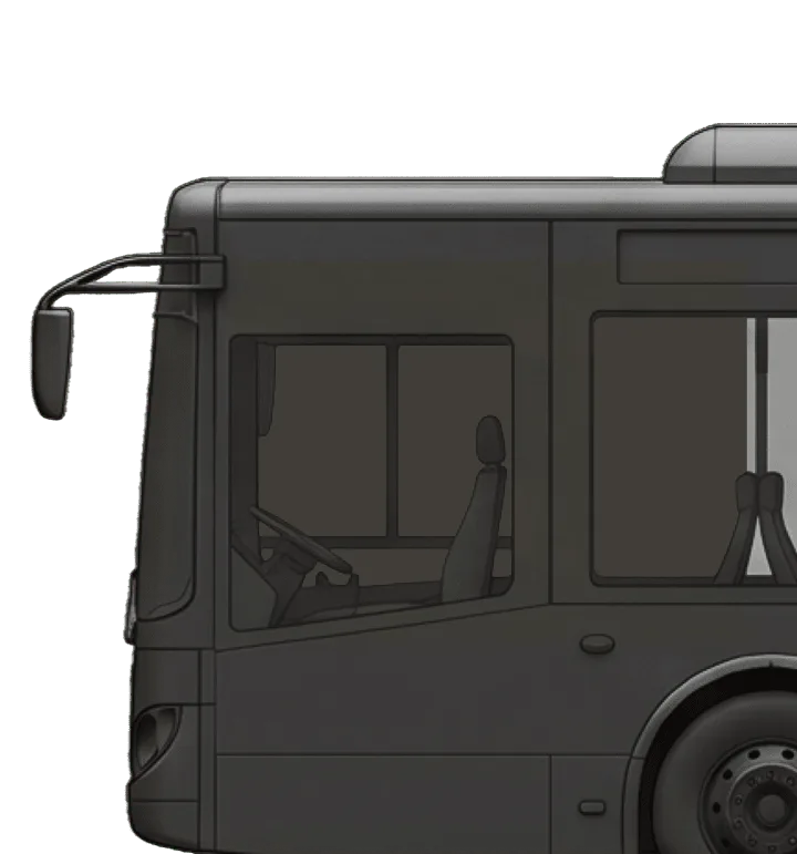 Dark gray 3D illustration of a bus front side view, showing driver's cab with steering wheel.