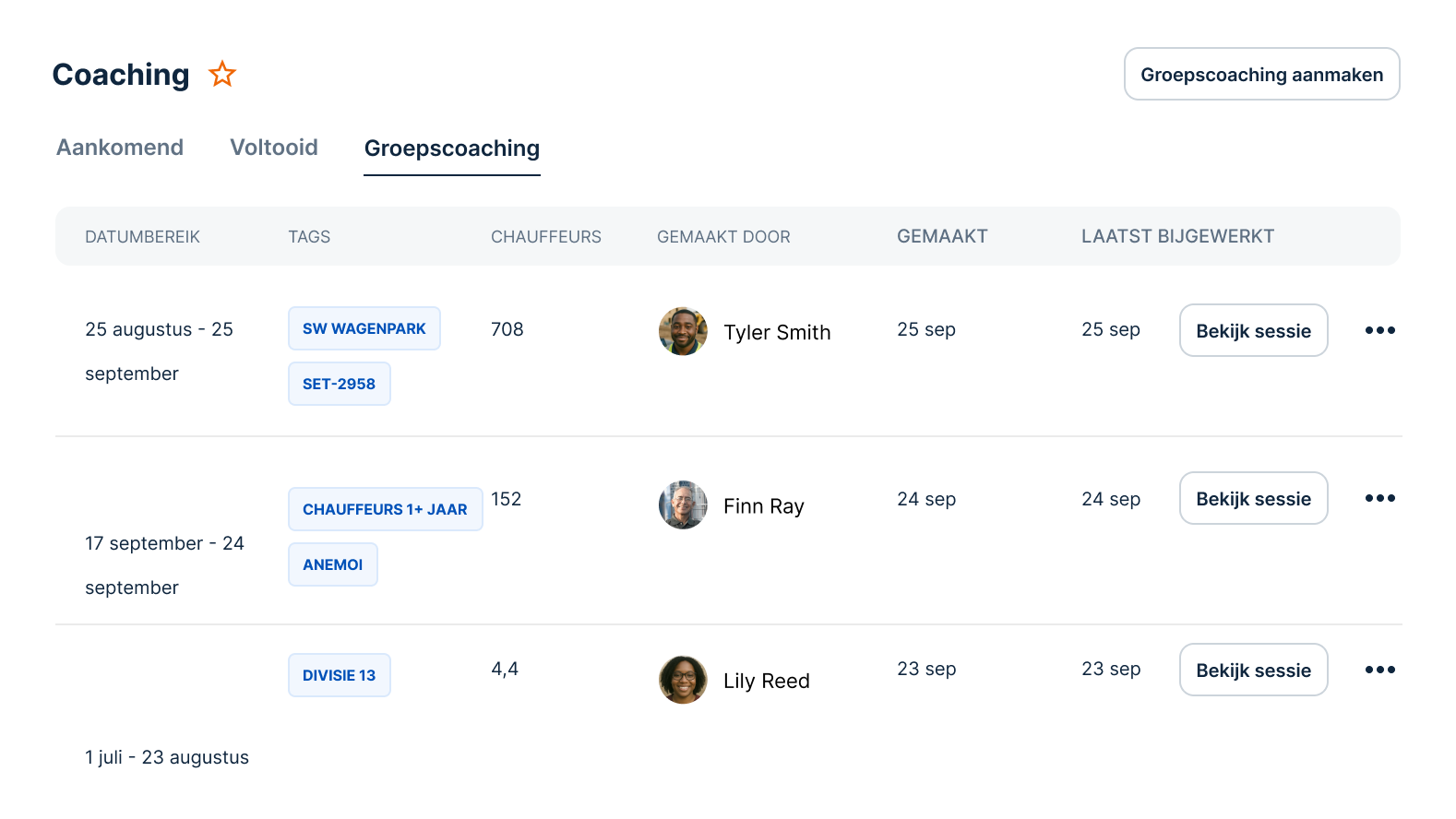 Coaching dashboard showing group sessions with dates, creators, and tags, with options to view individual coaching sessions.