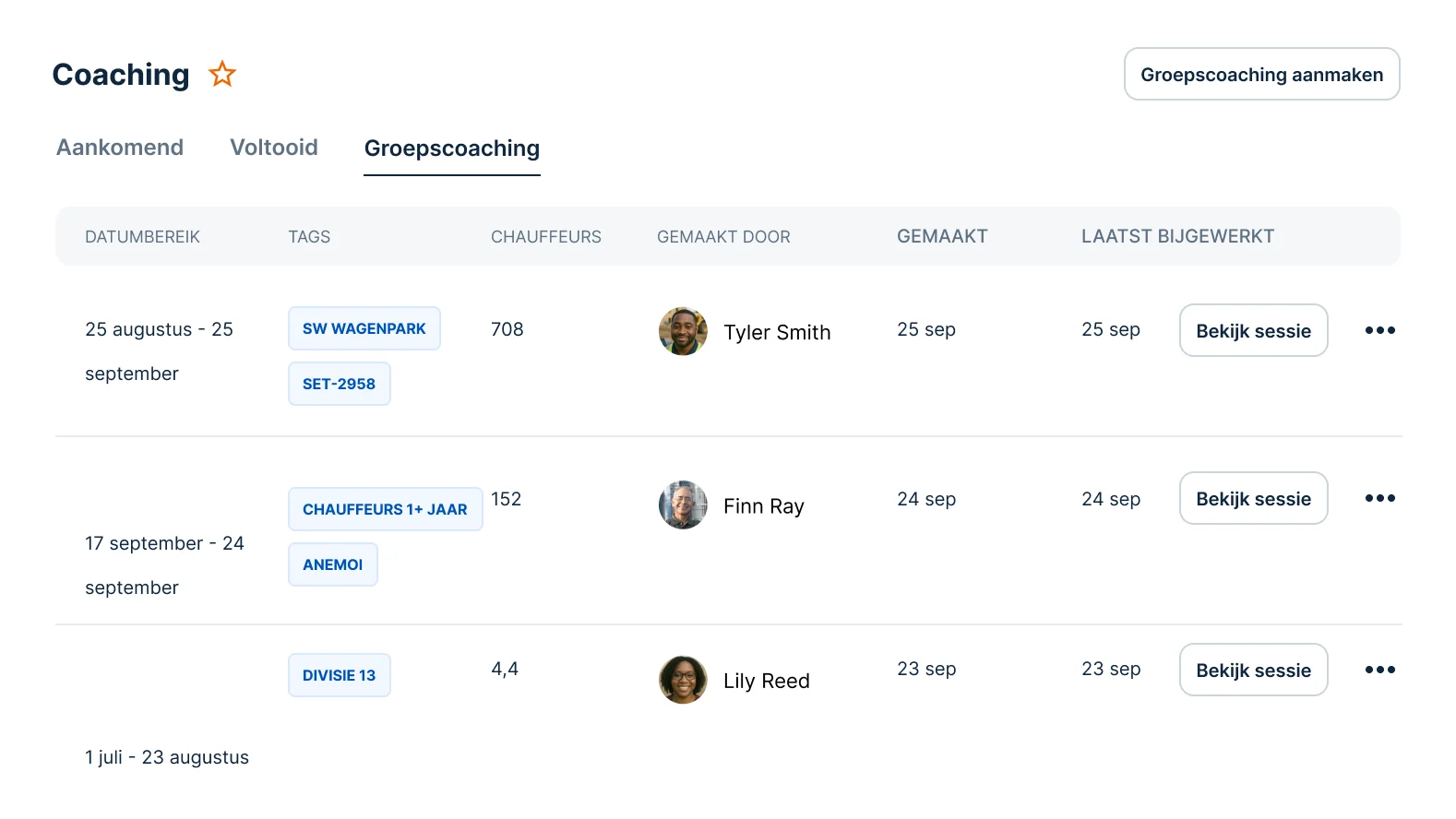 Coaching dashboard showing group sessions with dates, creators, and tags, with options to view individual coaching sessions.