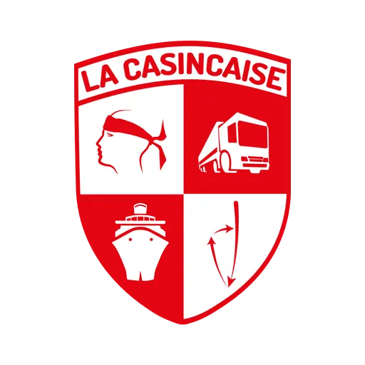 Logo rouge et blanc de La Casincaise avec un blason divisé en quatre montrant un profil, un bus, un bateau et une flèche.