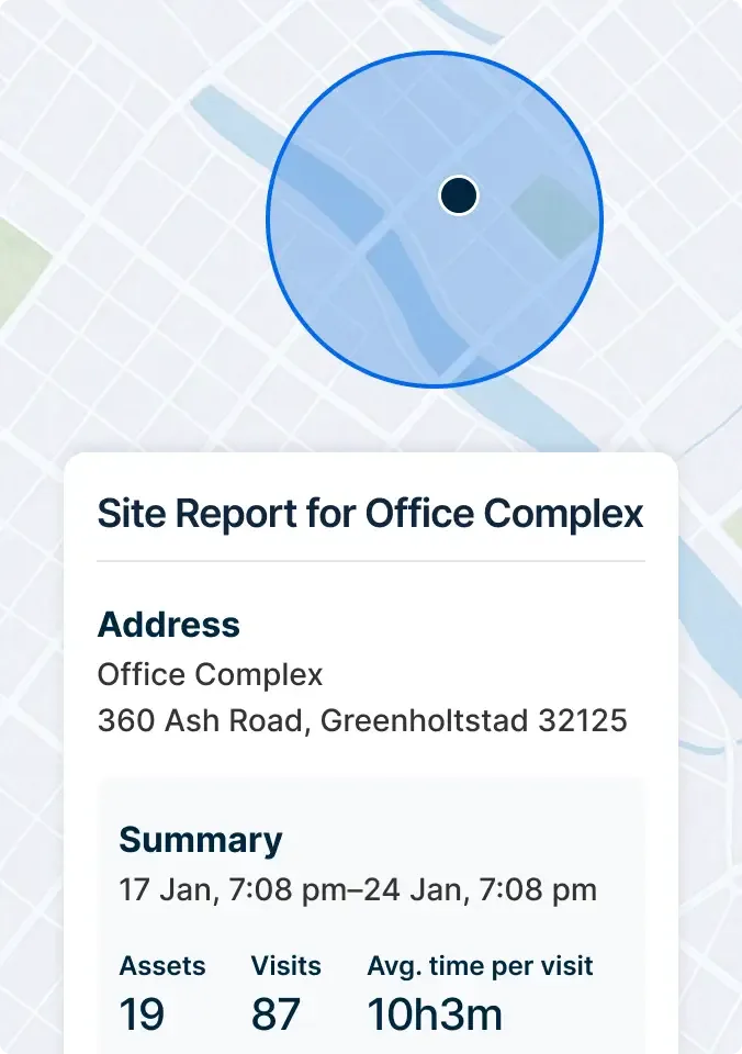 Map showing Office Complex location with site report displaying address, visit data and a blue circular radius indicator.