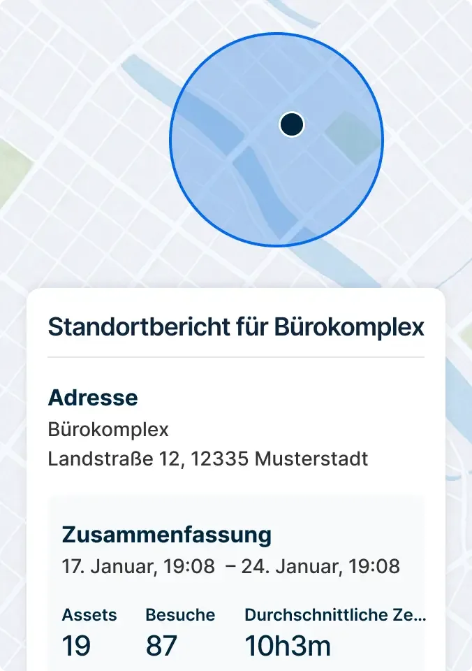 Karte zeigt Ort des Bürokomplexes mit Standortbericht, der Adresse, Besuchsdaten und einen blauen Kreisradius anzeigt.