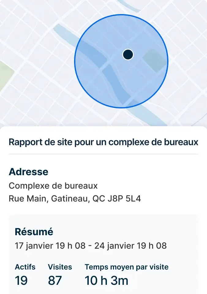 Carte montrant l’emplacement du complexe de bureaux avec un rapport de site affichant l’adresse et les données de visite.